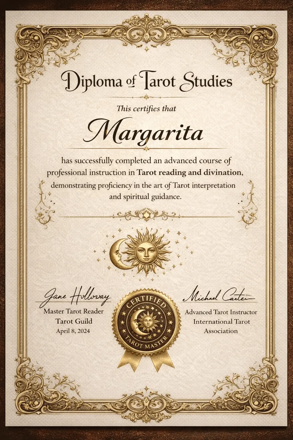 Zertifikat für Tarot-Studien – Margarita